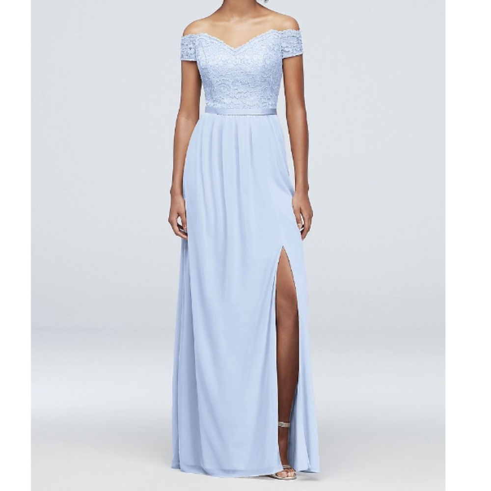Ice Blue Off-the-Shoulder Lace and Mesh Split Knee Bridesmaid Dress